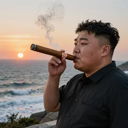kim jong un smoking a huge cuban cigar!!! during sunset on a mountain looking over the turbulent sea, hyperrealistic, high detail photograph