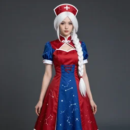 dr. eirin yagokoro is a tall female lunarian sage appearing in her late thirties with dark grey eyes and long white hair in a large single braid. she wears a red and blue two - tone dress decorated with constellations and wears a matching nurse cap