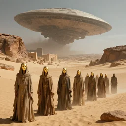 the line of bene gesserit people in full - face golden glowing masks in a dry rocky desert landscape with ancient abandoned city beneath the sand,!!!!!! giant alien spaceship in the sky!!!!!! by christopher doyle and alejandro jodorowsky, anamorphic lens, kodakchrome, cinematic composition, very detailed photo, 8 k,