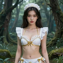 A beautiful maid wearing a magical bikini posing in a magical forest, detailed face, 8k face, fantasy art, in the style of greg rutkowski, illustration, epic, fantasy, intricate, hyper detailed, artstation, concept art, smooth, sharp focus