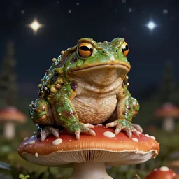 cosmic horror toad sitting on mushroom