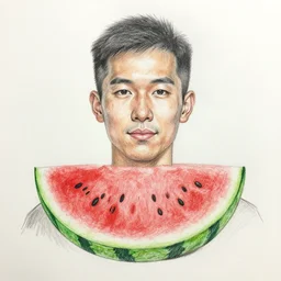 upper body portrait, watermelon man, pencil drawing, rough sketch, crayon colored