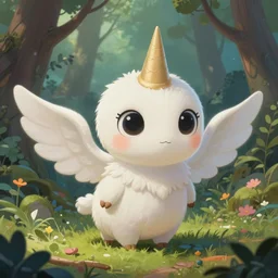 a cute little creature, big eyes, 🦄, digital painting by krenz cushart, ilya kuvshinov, victo ngai, thomas kinkade. forest room, highly detailed, award winning, artstation
