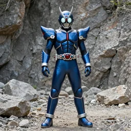 High Fantasy Kamen Rider, single character, full body, 4k, rock quarry location, vibrant colors, daytime, glowing eyes, rubber suit, dark blue segmented armor, fantasy inspired segmented dragon armor, ultra realistic, high quality, cinematic, centered, cinematography