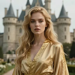 realistic portrait of a mysterious woman in silky clothes with long golden hair, golden, castle, detailed, 1 4 5 0, delicate, hyper realism, ultra realistic, 8 k