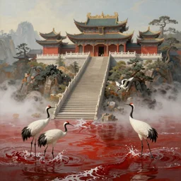 a gorgeous landscape painting by barlowe wayne maxfield parrish and marco mazzoni. chinese temple. he winding steps. three cranes splashing in the water. ultra clear detailed. 3 d, octane render. turbulent blood lake. fog