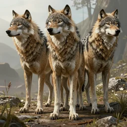 pack of anatomical real wolves in the style of zero dawn, video game, unreal engine, octane render, intricate details