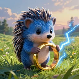 ( ( a cute face blue hedgehog holds a large gold ring with blue lightning. cover art. ) ), blue lightning!, large gold ring!, beautiful green grassland, early morning hours, long shadows, extremely detailed, fantasy painting, by jean - baptiste monge!!!!