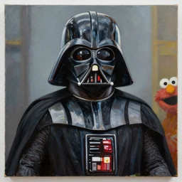 a photorealistic photograph of am elmo style darth vader. sesame street. hyper detailed, oil on canvas. this 4 k hd image is trending on artstation, featured on behance, well - rendered, extra crisp, features intricate detail, epic composition and the style of unreal engine.