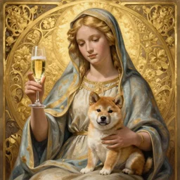 blonde madonna with glass of champagne in her hand and a shiba puppy on her lap. bordeaux with a gold filigree background. art nouveau. masterful, detailed drawing