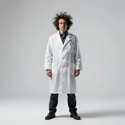dashing mad scientist with wild hair, cinematic studio photo, full body, standing, isolated on a pure white background, centered, whole figure in frame, sharp focus, studio lighting