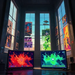 rectangular room with very tall windows, many pictures and screens on the walls, gameplay still frame, 4 colors, pixel art, futuristic, splash screen, level design, high contrast, background, deep focus, highly detailed, dramatic lighting, digital painting, artstation, concept art, matte, greg rutkowski, moebius.