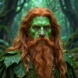masterpiece portrait of old arboreal green shaman with long auburn hair and beard, kind eyes, wearing a leaf cloak, hyper realistic face, volumetric lighting, celtic fantasy art, psychedelic, in the style of greg rutkowski, donato giancola, tom bagshaw, intricate, hyper detailed, smooth, vibrant aura