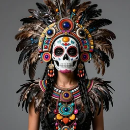 lady, self - portrait, symmetry, intricate, dia de los muertos, skull mask, aztec ultra detailed feathered dress 4 k resolution, octane rendering, ultra realistic, photo realism, beeple