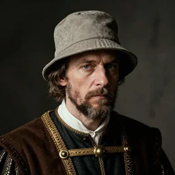 old english royal portrait of a man in a bucket hat, picasso, cinematic, dramatic, photography, portrait