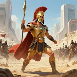king spartan fighting his last stand against the armies of the middle east, futuristic sci fi landscape background by denis villeneuve, monia merlo, yves tanguy, ernst haeckel, alphonse mucha, max ernst, caravaggio, roger dean, sci fi necklace, masterpiece
