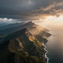 nature landscape, aerial view, drone photography, cinematic, mountains and ocean, cinematic view, epic sky, detailed, concept art, high detail, warm lighting, volumetric, godrays, vivid, beautiful, trending on artstation, by jordan grimmer, art greg rutkowski