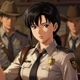 a portrait one person, complexity, global lighting, detail, ultra sharpness, beautiful female sheriff body from games yoshihiro togashi style, big eyes, plump lips, a gunshot, global lighting, western saloon theme, detailed faces, blank faces, style by cain kuga, cowboy bebop art style