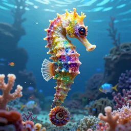highly detailed portrait of rainbow - colored seahorse, stephen bliss, unreal engine, fantasy art by greg rutkowski, rhads, ferdinand knab, makoto shinkai and lois van baarle, ilya kuvshinov, rossdraws, tom bagshaw, global illumination, radiant light, yellow blue theme, coral reef