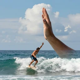 image of the hand of god coming down from the clouds over the ocean and giving a surfer in the ocean a high - five