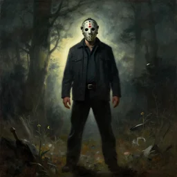 jason voorhees in the graveyard, backlight, landscape painting by frazetta