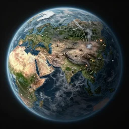 overhead view of a planet with deforestation, pollution, climate change, global inequality, loss of biodiversity, octane render,