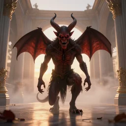 a sfx demon inside a pristine palace, sunset, rendered in octane, mood fog