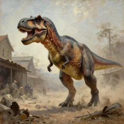 oil painting of old rugged tyrannosaurus rex in dusty wild west street, art by anders zorn, wonderful masterpiece by greg rutkowski, beautiful cinematic light, american romanticism by greg manchess, jessica rossier