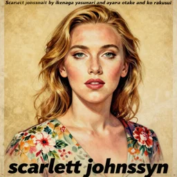 “ scarlett johansson portrait by ikenaga yasunari and ayana otake and ko rakusui, 6 0 s poster, drawing, realistic, sharp focus, japanese, dreamy, nostalgia, faded, golden hues, floral clothes, porcelain skin ”