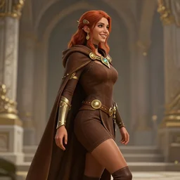 sideview of a dnd young priestess in a temple, earth attuned, brown robes, skintight, cloak, beautiful, light brown skin, red hair, happy, metallic brass accessories, spellcasting, leg showing, high fantasy, detailed face, highly detailed, sharp focus, smooth, digital illustration, by clyde caldwell