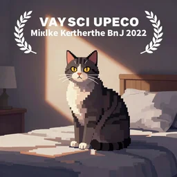 A cat sitting on bed, pixel art