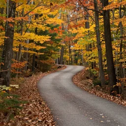 ground level photo of new england autumn fall forest with winding path running through, autumn colours, prize winning national geographic photograph
