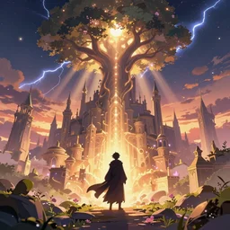 a magical wizard in front of a big and mystical of a big and structured fantasy kingdom city, god rays, giant tree, bloom, cinematic lightning, twilight, sunset, fantasy, portfolio illustration, HQ, portal to outer space digital art 8k, trending on artstation, anime, unreal engine