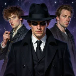 portrait of mysterious handsome noir spacetime detective by Dante Gabriel Rossetti and Edward Moran and Charlie Bowater, magical realism, cgsociety, artstation