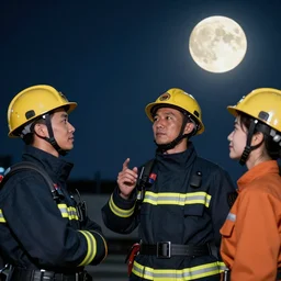 on mid - autumn festival, chinese firefighters admire the moon together, fine details. night setting. realistic shaded lighting poster by craig mullism, artgerm, jeremy lipkin and michael garmash, unreal engine, radiant light, detailed and intricate environment, digital art,