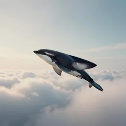 orca is floating in mid air, epic, cinematic shot, soft light, soft colore, artstation, atmosphere, high definition, clouds, 8 k photography