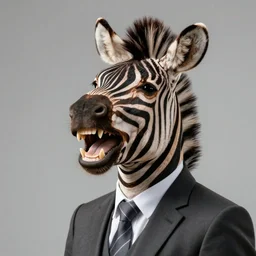 photorealistic laughing zebra wearing a suit. hyperdetailed photorealism, hd, cinematic lighting. illustration.