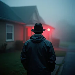 analog photograph of a man from the back outside a house!!! wearing a raincoat and a hat, fog at night by mark owen. red lights. bokeh. cinematic. hq. detailed. contrast. cinestill 8 0 0 t