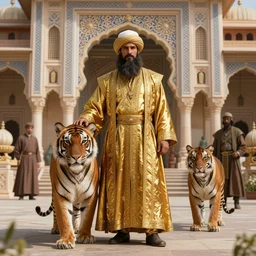 moor with fez and turban in gilded silken robes with pet tiger at his side in front of immaculate palace intricate. highly detailed highly detailed, photorealistic, octane render, 8 k, unreal engine. art by artgerm and greg rutkowski and wayne barlowe