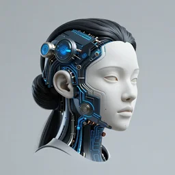 A female head formed with tech, blue black and wite colored