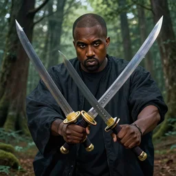 samurai kanye west clashing swords in a forest, hyper detailed, masterpiece, artstation, advanced lighting technology, stylized yet realistic surrealism, 4 k wallpaper