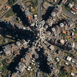 satellite view imagery of advanced future civilisation. Futurepunk Cyberpunk. Extreme zoom, houses visible.