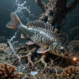 complex creature scales gills and fins, fishlike creature tree roots strangled, water splash, flowing, coral, glass debris pieces, dust particles, dramatic lighting, electronic wires, fire sparks, high resolution photo,