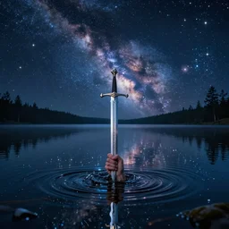 lake made of the eternal that is reflecting the cosmos at night with countless stars and a hand poking out of the water holding a broadsword, superior quality, intricate quality, viscous liquid, surreal, highly detailed, real camera, real photo, award winning quality, 8 k, art by artstation