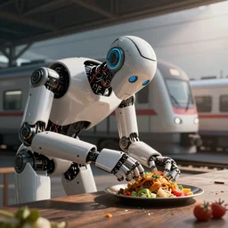 a robot eating a train, high definition, photo realistic