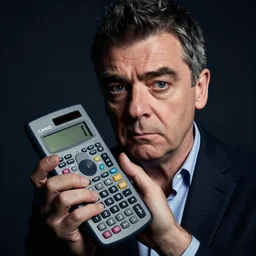 dramatic photo of rowan atkinson struggling to use a casio scientific calculator, close up