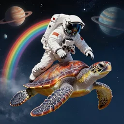 an astronaut surfing on a sea turtle over a rainbow past planets in space, digital art