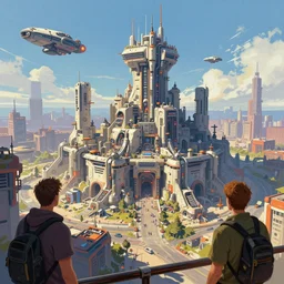 concept art by jama jurabaev and jan urschel, cel shaded, cinematic shot, trending on artstation, high quality, brush stroke, vibrant colors, science fiction, mechanical fortress, castle, industrial development, urban agglomeration, future science fiction, spaceship, cyberpunk
