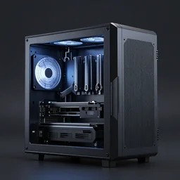 quantum computer with an generative design exoskeleton case, dark plastic, glowing lights, product shot, depth of field, octane render