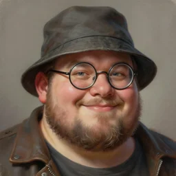 a _ fantasy _ style _ portrait _ painting _ of chubby white male with bucket hat circle face and circle glasses smiling, rough beard, oil _ painting _ unreal _ 5 _ daz. _ rpg _ portrait _ extremely _ detailed _ artgerm _ greg _ rutkowski _ greg